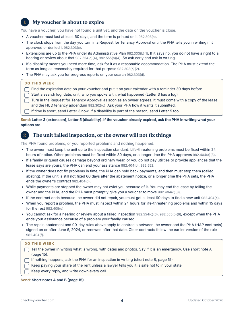 Sample page from the Keep Your Voucher Kit: a plain guide to what to do when a voucher is about to expire or a unit fails inspection, with a do this week checklist