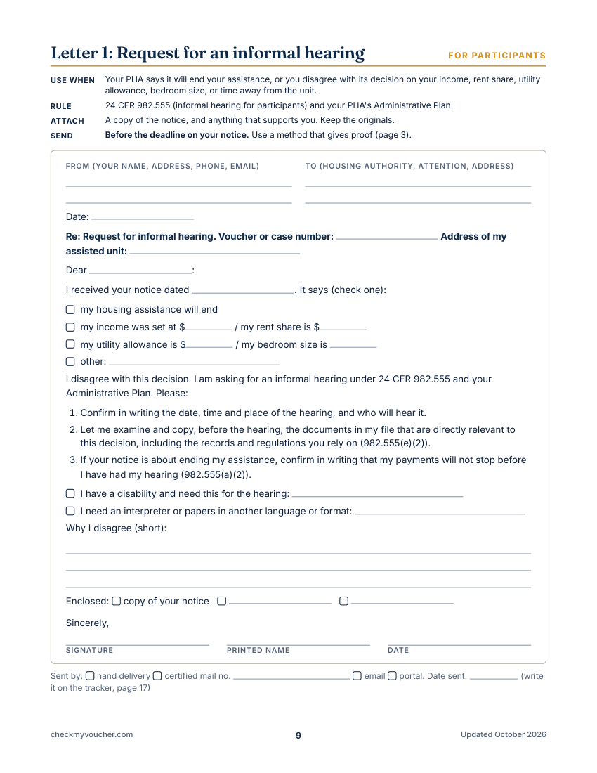 Sample page from the Keep Your Voucher Kit: Letter 1, a fill-in request for an informal hearing
